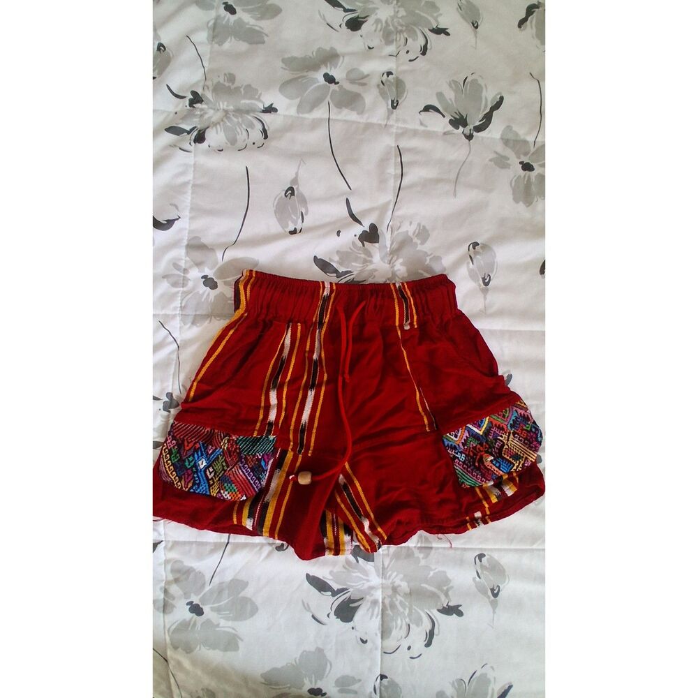 Women’s Medium Red Woven Cargo Shorts Multicolor Boho Festival Drawstring